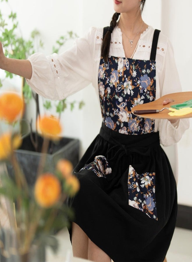 Pinknoke Vintage Pinafore Apron Dress for Women with Pockets Cute Floral Chef Aprons for Kitchen Cooking Baking Gardening (Black) - Image 3