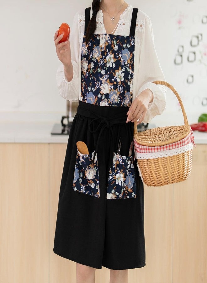 Pinknoke Vintage Pinafore Apron Dress for Women with Pockets Cute Floral Chef Aprons for Kitchen Cooking Baking Gardening (Black) - Image 4