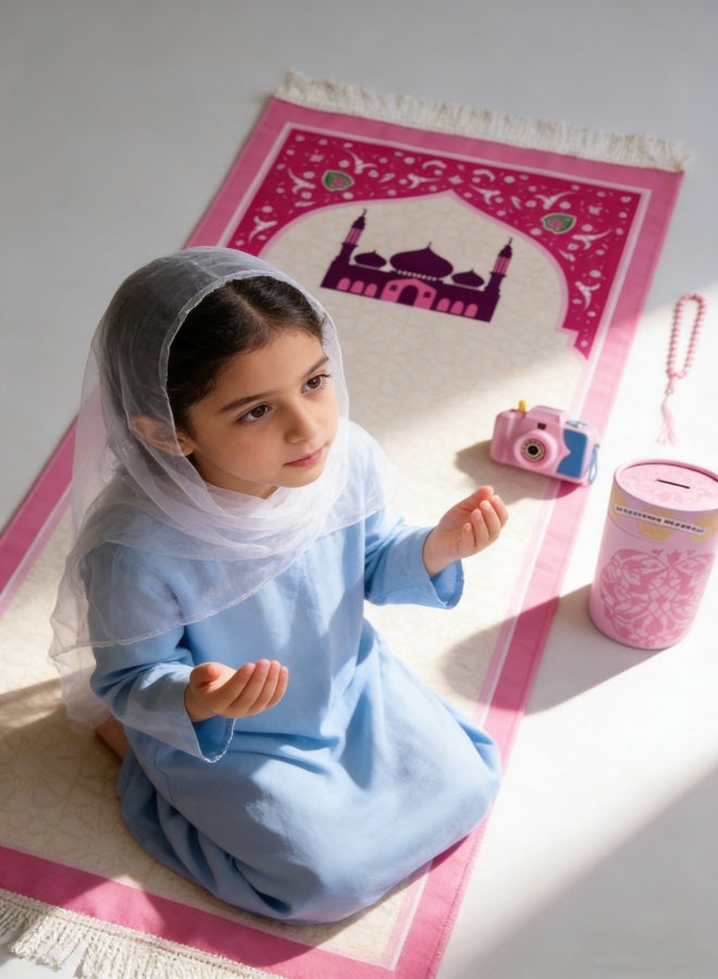 Portable Children's Prayer Mat Set in Pink, Includes Carry Case, Tasbih & Toy, Easy to Clean, 90 cm x 45 cm - Image 1