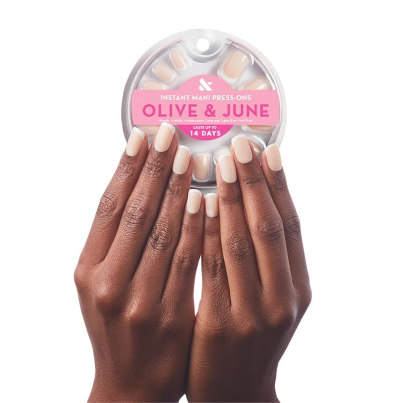 Olive & June Instant Mani Press-On Nails (Glue) | 42 Fake Nails, 21 Sizes | Non-Toxic, Long-Lasting Recycled Materials Realistic Look | Spring Flowers & Patterns | Medium, Squoval | Classic French - Image 1