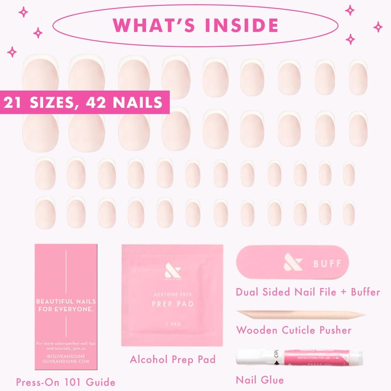 Olive & June Instant Mani Press-On Nails (Glue) | 42 Fake Nails, 21 Sizes | Non-Toxic, Long-Lasting Recycled Materials Realistic Look | Spring Flowers & Patterns | Medium, Squoval | Classic French - Image 5