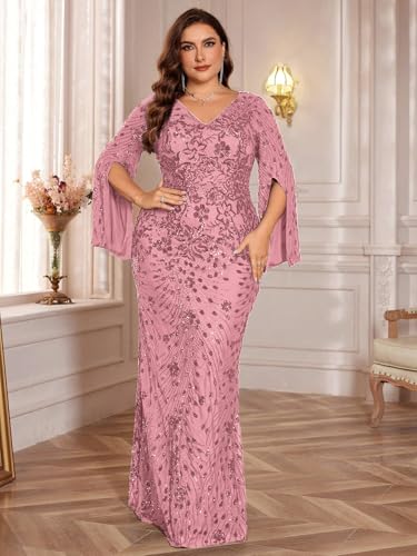 XUIBOL Plus Size Long Glitter Mermaid Dress for Mother of The Bride Women's Long Sleeve V-Neck Sequin Formal Gown Dusty Rose 12 - Image 5