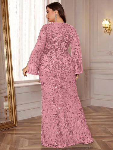 XUIBOL Plus Size Long Glitter Mermaid Dress for Mother of The Bride Women's Long Sleeve V-Neck Sequin Formal Gown Dusty Rose 12 - Image 2