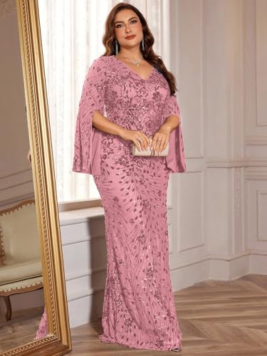 XUIBOL Plus Size Long Glitter Mermaid Dress for Mother of The Bride Women's Long Sleeve V-Neck Sequin Formal Gown Dusty Rose 12 - Image 3