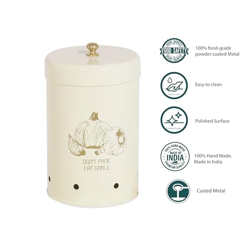 Elan Metal Country Garlic Storage Bin Ideal for Kitchen Cabinet Racks Vegetable Organizer for Kitchen, Storage Capacity 500g (Off White, 11.5X11.5X17 cm) - Image 5