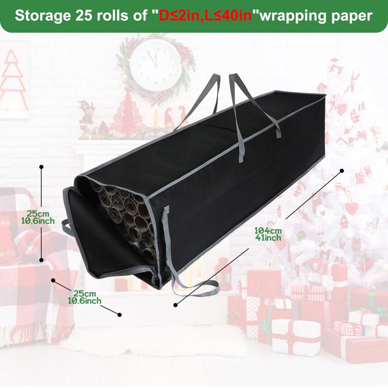 Demao Large Wrapping Paper Storage Bag â€“ 41" Christmas Gift Wrap Organizer with Reinforced Handles, Holds 25 Rolls â€“ Black & Gray Two-Tone Design, Dustproof & Stain-Resistant for wrap paper Storage - Image 2