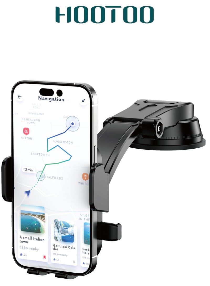HooToo 360 degree rotating car phone holder. Easy to install suction mobile stand. phone stand holder can be mounted on the windshield or dashboard. Strong suction cup anti vibration mobile holder car. Phone holder compatible with Samsung, iPhone, Huawei, and other devices. - Image 1