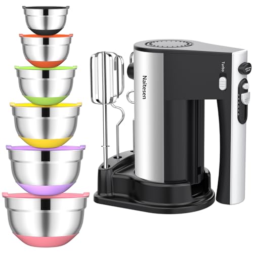 Naitesen خلاط يدوي كهربائي 600 واط مع 6 قطع من أوعية الخلط مع أغطية محكمة الإغلاق مجموعة خلاط كهربائي يدوي أوعية معدنية من الفولاذ المقاوم للصدأ للمطبخ الطهي الخبز