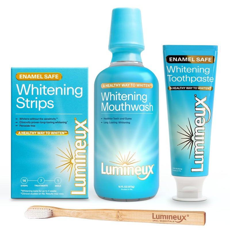 Lumineux Teeth Whitening Kit Peroxide Free for Whiter Teeth Includes 7 Whitening Treatments, 1 Mouthwash, 1 Toothpaste & 1 Bamboo Toothbrush, Dentist Formulated - Image 1