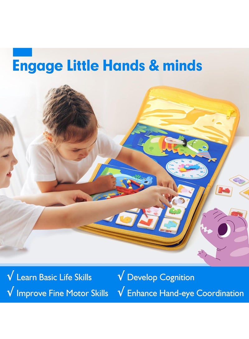 SOLARAE Felt Learning Board, Toddler Toys Busy Board, Early Childhood Schoolbag, Montessori Toys, Busy Book Sensory Toys, Dinosaur Theme, 18 in 1 Preschool Learning Activities With 12 Life Skills, Blue - Image 3