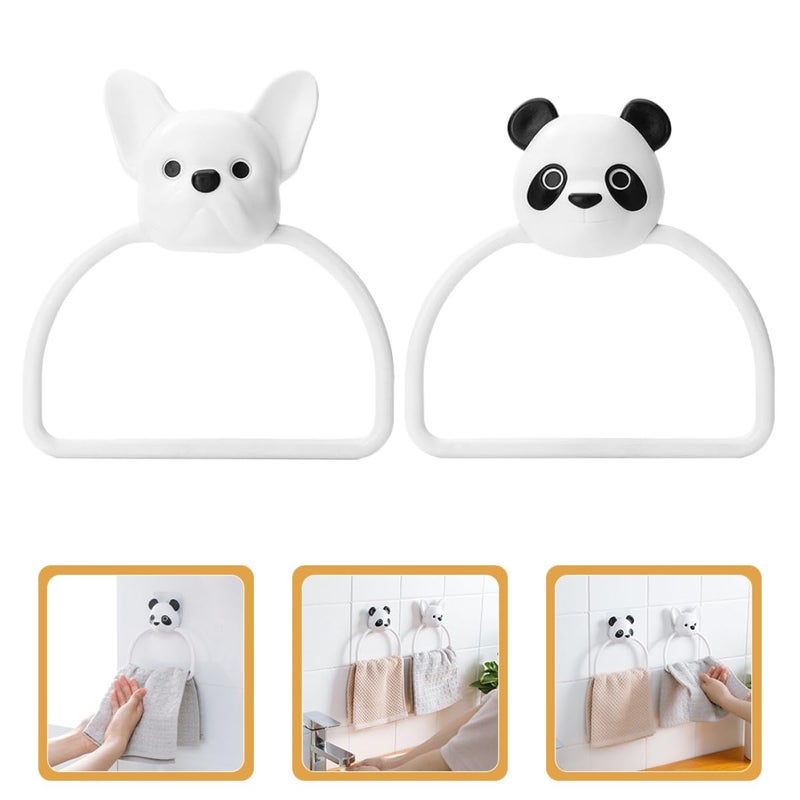 2Pcs Panda Dog Adhesive Wall Mounted Towel Rings Holder No Punch Bathroom Kitchen - Image 4