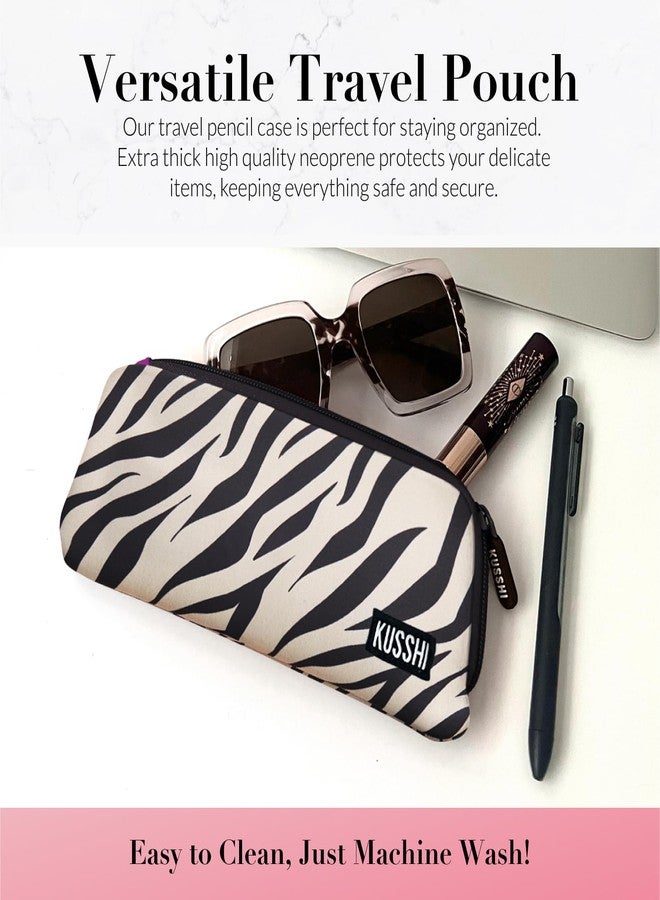 KUSSHI Neoprene Zipper Makeup Brush Pouch and Travel Pencil Case for Beauty Tools, Pencils, Brushes & Small Accessories - Makeup Brush Bag Pouch for Organization and Travel Items (Zebra/Fuchsia) - Image 4