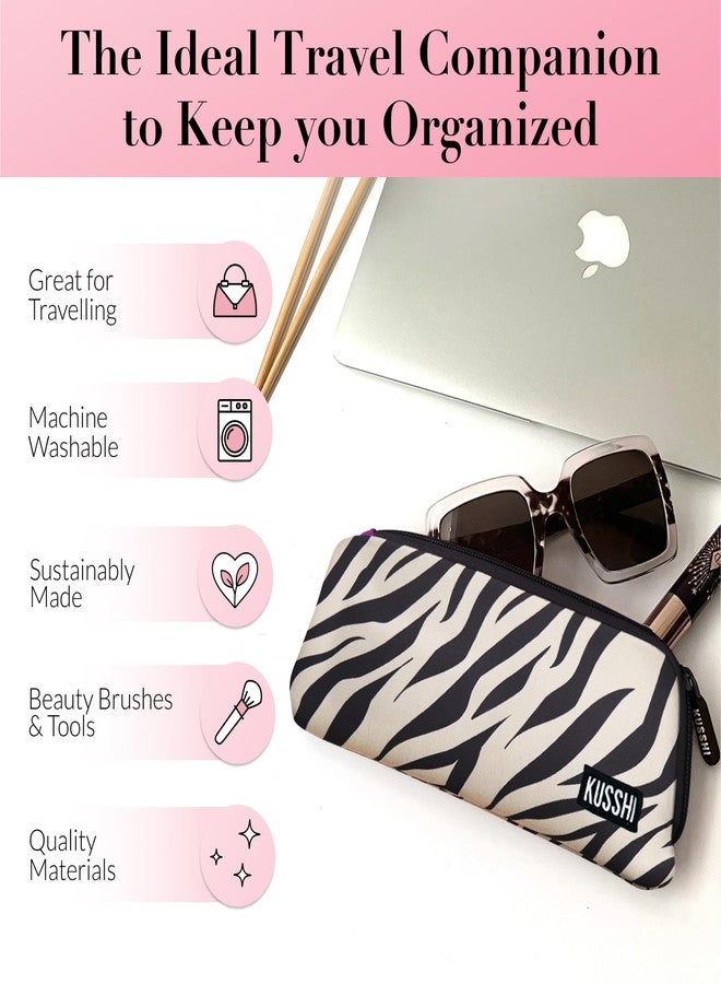 KUSSHI Neoprene Zipper Makeup Brush Pouch and Travel Pencil Case for Beauty Tools, Pencils, Brushes & Small Accessories - Makeup Brush Bag Pouch for Organization and Travel Items (Zebra/Fuchsia) - Image 3