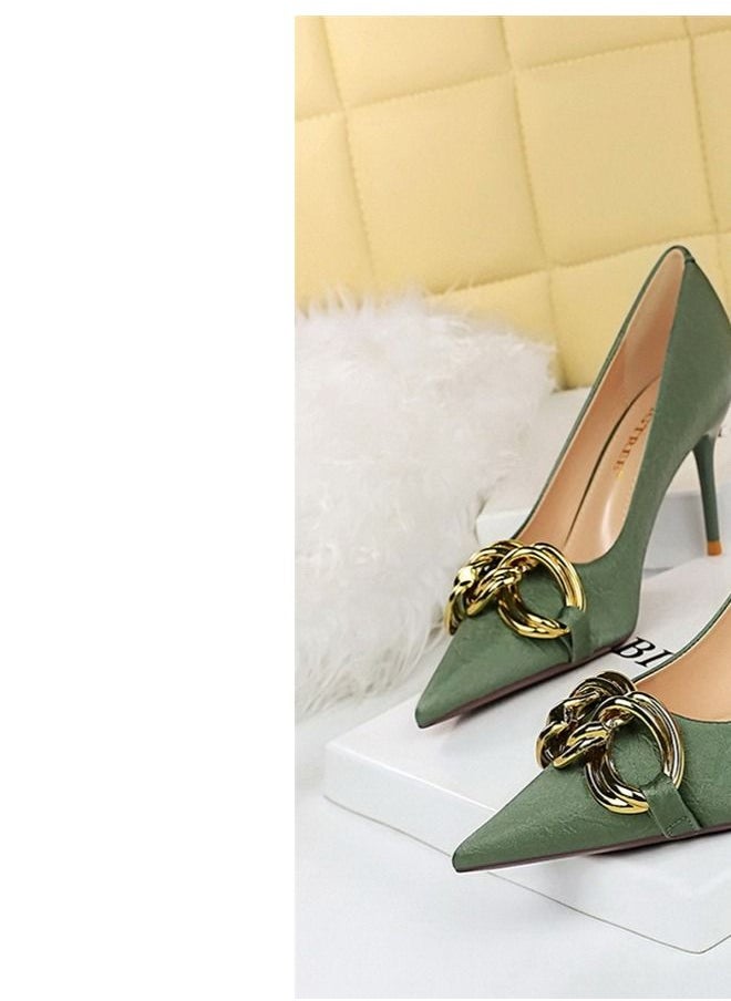 BIGTREE Shallow Pointed Large Metal Buckle High Heels 7.5CM Green  - Image 2