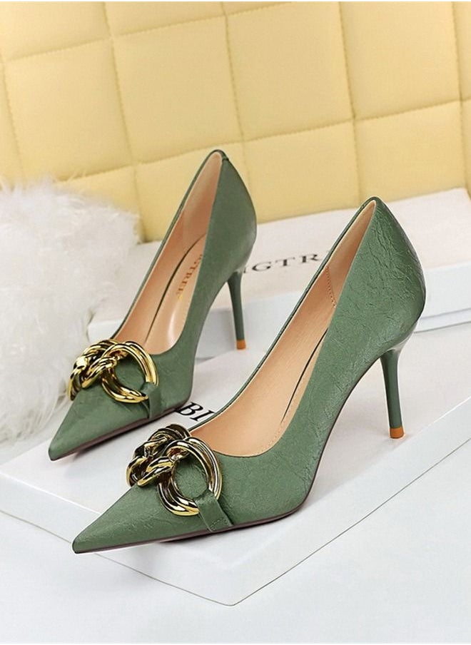 BIGTREE Shallow Pointed Large Metal Buckle High Heels 7.5CM Green  - Image 1