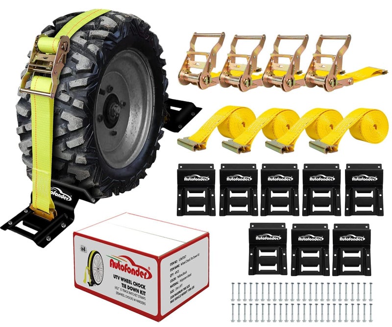Autofonder Vehicle Wheel Chock Tie Down kit 4500lb Break Strength4 Pack 2 x9 E Track StrapsUltimate Heavy Duty Trailer Tire Strap System for ATVUTVLawn Mower