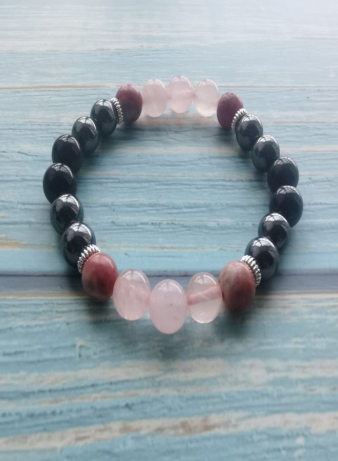 LFaize Empath Protection Bracelet, Black Tourmaline, Hematite, Rose Quartz & Rhodonite,Crystal Healing Bracelet,Anxiety,Depression Relief - Image 2
