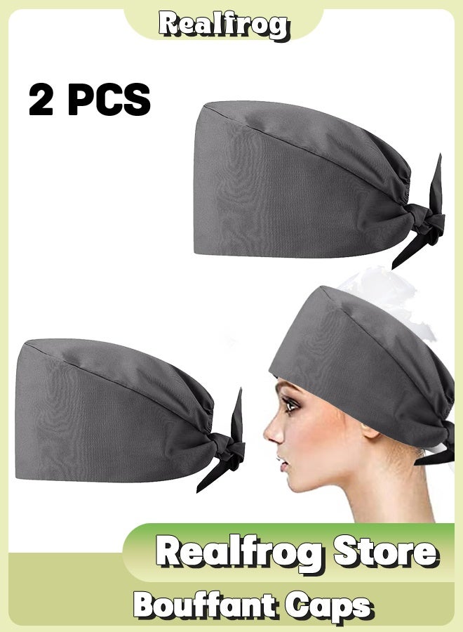 Realfrog Pack of 2 Surgical Caps for Female and Male, Cotton Nursing Cap, Working Cap,Adjustable Cotton Working Hats,Sweatband Cotton Ponytail Holder, Long Hair Head Covers Hair Caps,Grey Nurse hat - Image 1