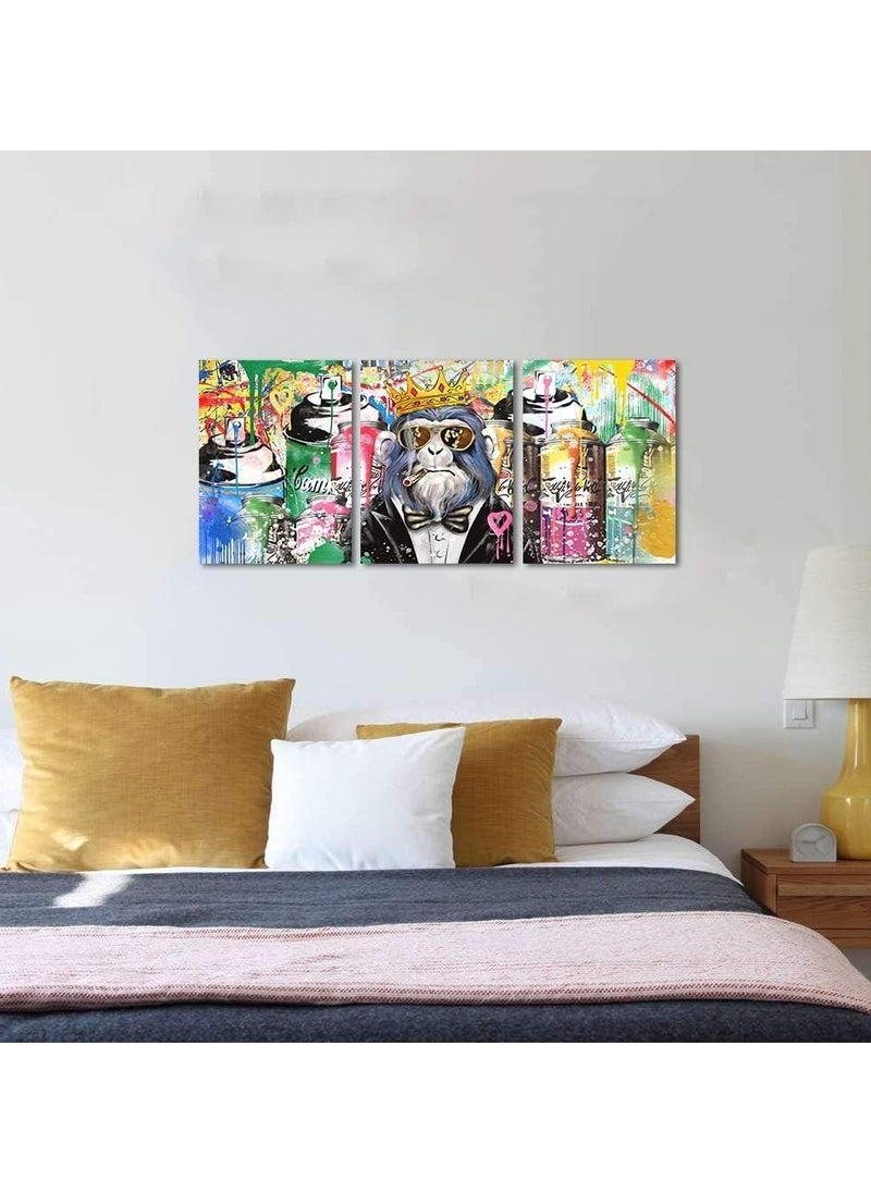 Today Idea - Today Idea Monkey Smoking Wall Decor Gorilla Graffiti Wall Art 3 Panels Classic Street Art HD Print on Canvas Home Decor for Living Room Office Bar Framed Ready to Hang (72W x 36H inch) - Image 1