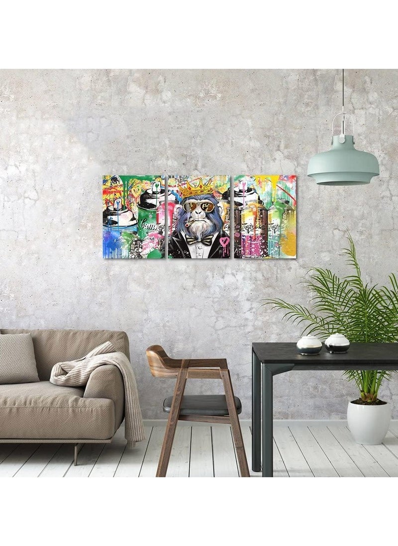 Today Idea - Today Idea Monkey Smoking Wall Decor Gorilla Graffiti Wall Art 3 Panels Classic Street Art HD Print on Canvas Home Decor for Living Room Office Bar Framed Ready to Hang (72W x 36H inch) - Image 1