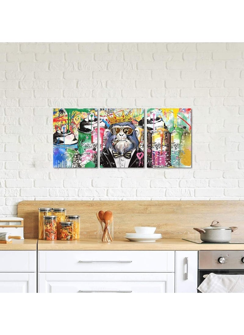 Today Idea - Today Idea Monkey Smoking Wall Decor Gorilla Graffiti Wall Art 3 Panels Classic Street Art HD Print on Canvas Home Decor for Living Room Office Bar Framed Ready to Hang (72W x 36H inch) - Image 1