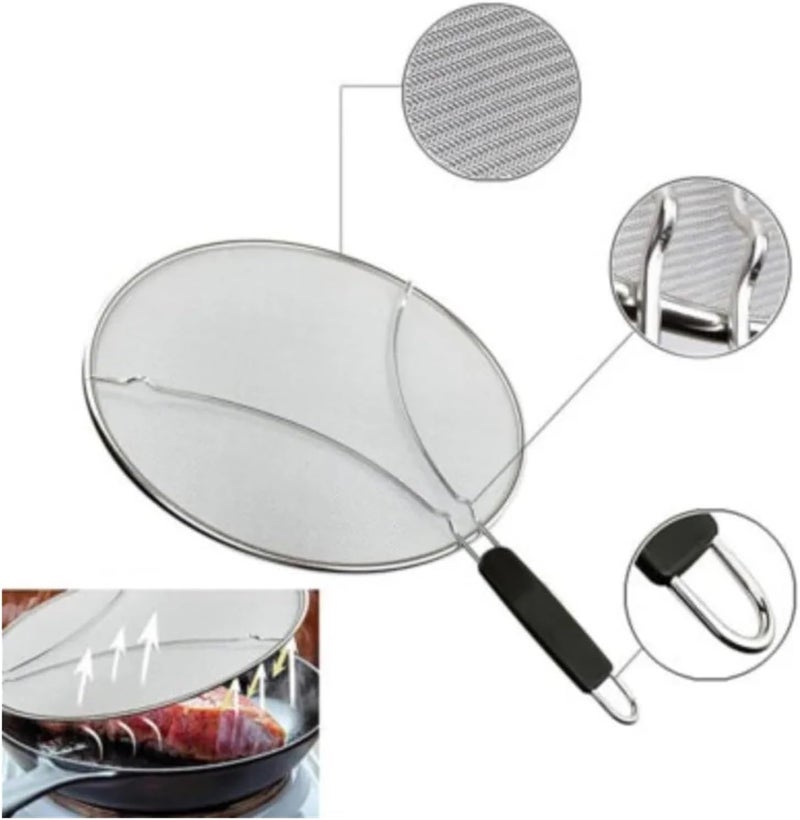 Mesh Splatter Guard With Handle Splash-Proof Cooking Cover For Frying Pans And Pots Temperature Resistant Lid For Iron Skillets(Black M) - Image 2
