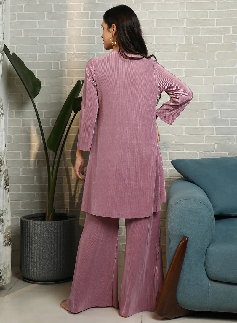 Qissa pink Qissa Women's Blush Pink Solid Pleated Kurta Set For Casual Wear | Round Neck | Long Regular Sleeves | 2 Piece Kurta Set Designed With Comfort Fit For Everyday Ethnic Wear for Women | Best Price UAE