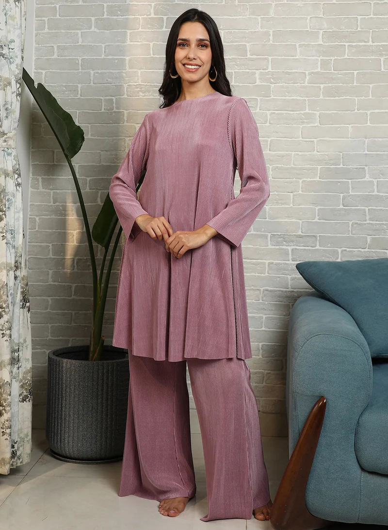 QISSA Qissa Women's Blush Pink Solid Pleated Kurta Set For Casual Wear | Round Neck | Long Regular Sleeves | 2 Piece Kurta Set Designed With Comfort Fit For Everyday Ethnic Wear