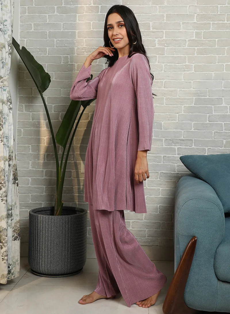 QISSA Qissa Women's Blush Pink Solid Pleated Kurta Set For Casual Wear | Round Neck | Long Regular Sleeves | 2 Piece Kurta Set Designed With Comfort Fit For Everyday Ethnic Wear