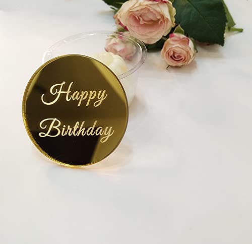 XIAOYUE Set of 12pcs Happy Birthday Cake Disc Cupcake Toppers Mirror Acrylic Cake Charm Engraved TopperMini Acrylic Cake Toppers Gold Mirror - Image 1