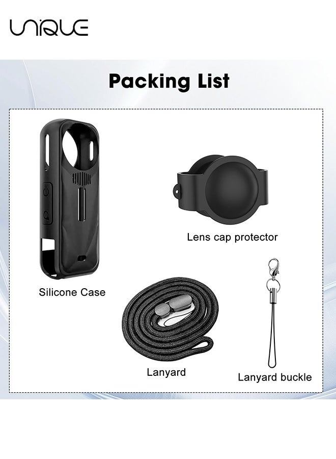 Unique Silicone Protective Case Compatible with Insta 360 X5 - Soft Shockproof Anti-Scratch Full-Body Cover with Lens Cap - Charging Port Accessible - Action Camera Accessories (Black/with 2 lanyards) - Image 3