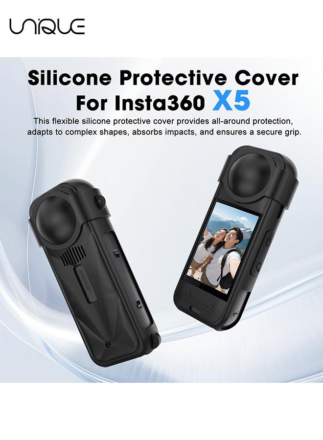 Unique Silicone Protective Case Compatible with Insta 360 X5 - Soft Shockproof Anti-Scratch Full-Body Cover with Lens Cap - Charging Port Accessible - Action Camera Accessories (Black/with 2 lanyards) - Image 5