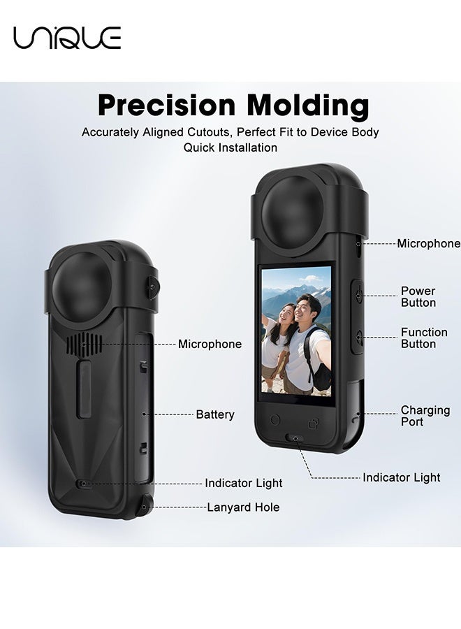 Unique Silicone Protective Case Compatible with Insta 360 X5 - Soft Shockproof Anti-Scratch Full-Body Cover with Lens Cap - Charging Port Accessible - Action Camera Accessories (Black/with 2 lanyards) - Image 4