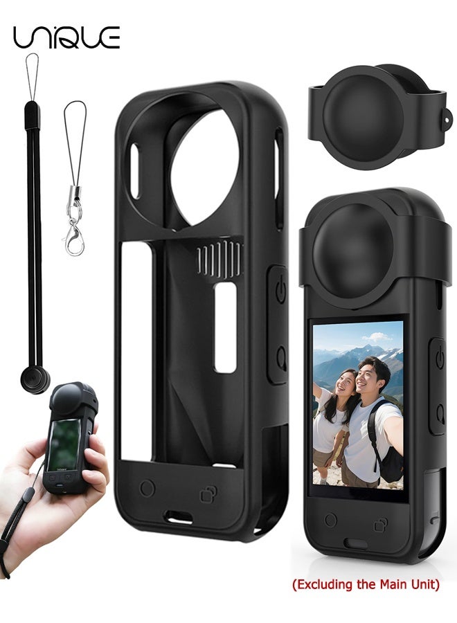 Unique Silicone Protective Case Compatible with Insta 360 X5 - Soft Shockproof Anti-Scratch Full-Body Cover with Lens Cap - Charging Port Accessible - Action Camera Accessories (Black/with 2 lanyards) - Image 1