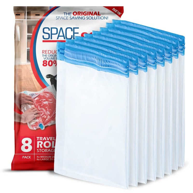 Spacesaver Travel Roll-Up Storage Bags with Double-Zip Seal and Triple-Seal Turbo Valve, Get 80% More Storage - Space Saver Bags for Travel - Compression Bags for Travel (Variety 8 Pack) - Image 1