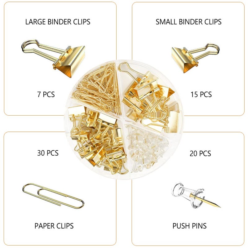 CREECHWA Gold Paper Binder and Clips Set, Metal Assorted Sized Binders with Push Pins, Cute Office Supplies, Teacher Desk Must Haves, Desk Accessories - Image 3