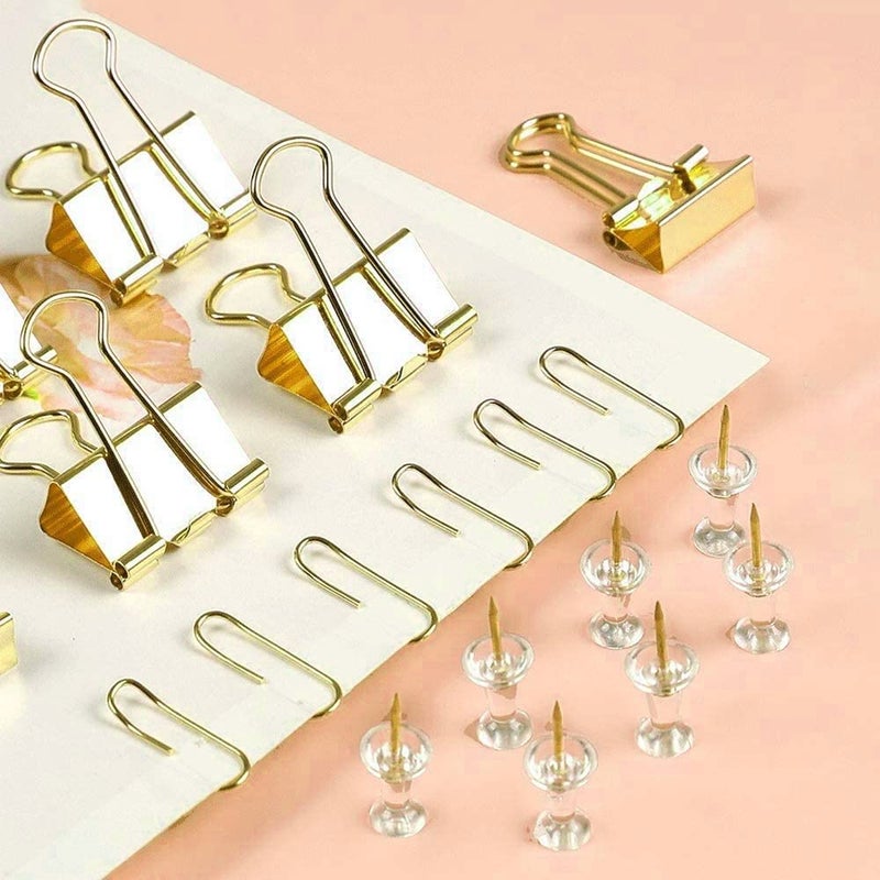 CREECHWA Gold Paper Binder and Clips Set, Metal Assorted Sized Binders with Push Pins, Cute Office Supplies, Teacher Desk Must Haves, Desk Accessories - Image 2