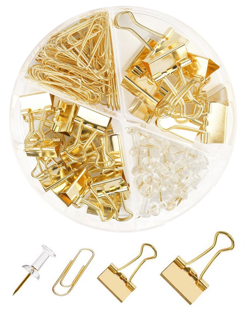 CREECHWA Gold Paper Binder and Clips Set, Metal Assorted Sized Binders with Push Pins, Cute Office Supplies, Teacher Desk Must Haves, Desk Accessories - Image 1