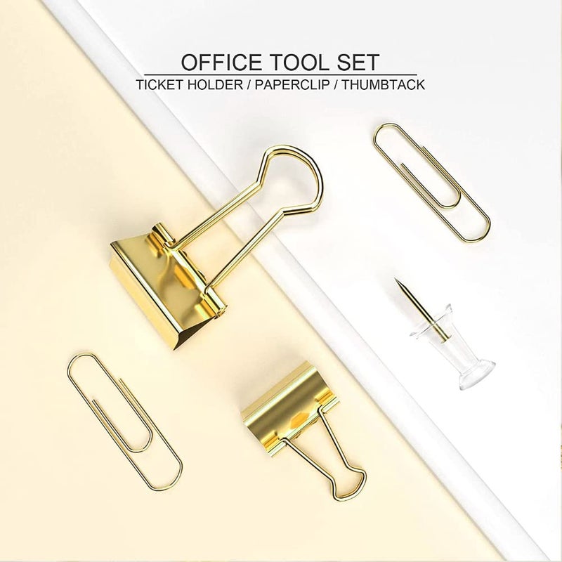 CREECHWA Gold Paper Binder and Clips Set, Metal Assorted Sized Binders with Push Pins, Cute Office Supplies, Teacher Desk Must Haves, Desk Accessories - Image 5