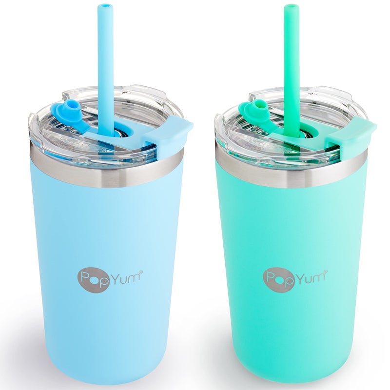 PopYum 13oz Insulated Stainless Steel Kidsâ€™ Cups with Lid and Straw, 2-Pack, Blue, Green, stackable, sippy, baby, child, toddler, tumbler, double wall, vacuum, leak proof - Image 1