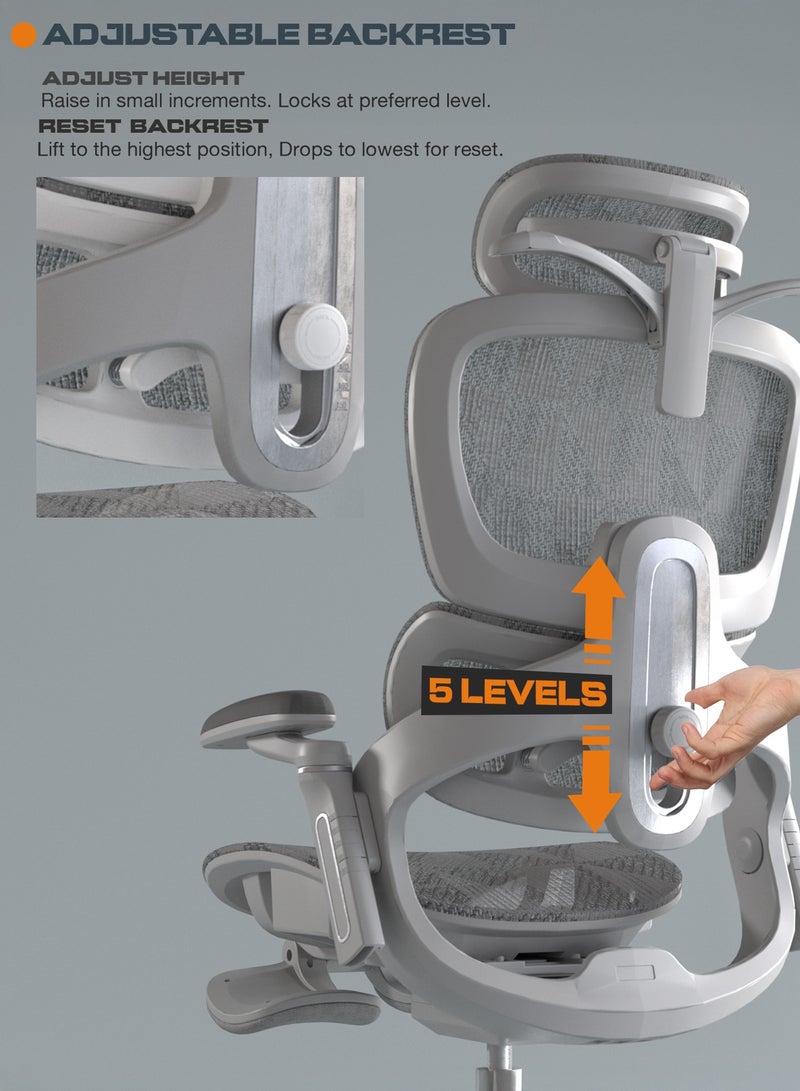 DROGO Ergonomic Office Chair for Work from Home, Computer Chair for Study with Breathable Mesh, Adjustable Seat, 5 level Adjustable Backrest, 6D Armrest, 4D Headrest & Lumbar Support | Gaming Chair with Footrest & Recline Grey - Image 4