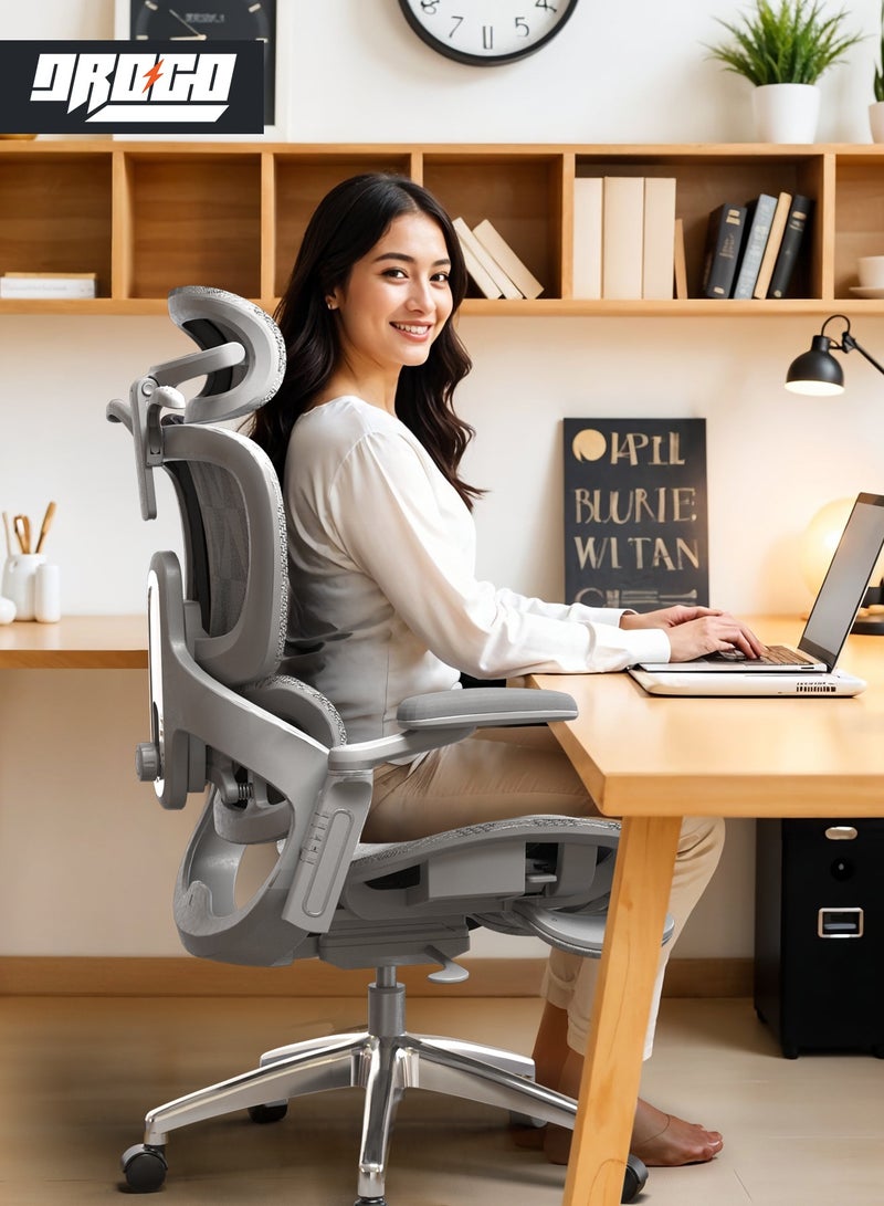 DROGO Ergonomic Office Chair for Work from Home, Computer Chair for Study with Breathable Mesh, Adjustable Seat, 5 level Adjustable Backrest, 6D Armrest, 4D Headrest & Lumbar Support | Gaming Chair with Footrest & Recline Grey - Image 2