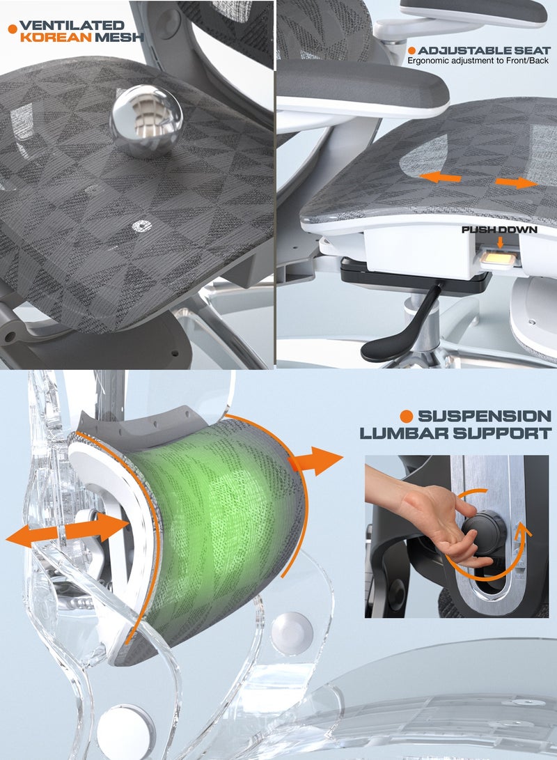 DROGO Ergonomic Office Chair for Work from Home, Computer Chair for Study with Breathable Mesh, Adjustable Seat, 5 level Adjustable Backrest, 6D Armrest, 4D Headrest & Lumbar Support | Gaming Chair with Footrest & Recline Grey - Image 3