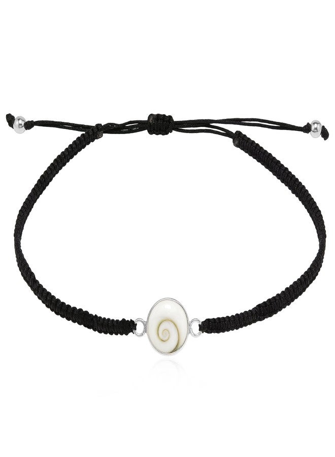 AeraVida Spiritual Eye of Shiva Shell Sterling Silver on Black Cotton Rope Adjustable Wrist Pull Bracelet - Image 1