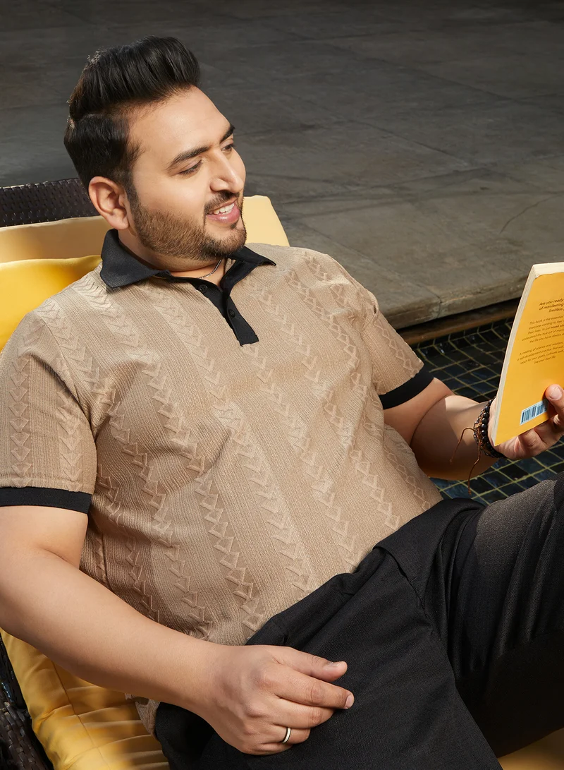 انستافاب بلس Instafab Plus Men's Camel Beige Arc-Tactile Polo T-Shirt For Casual Wear | Polo Neck | Short Cuffed Sleeves | Half-Button Closure | Plus Size T-Shirt Crafted With Comfort Fit For Everyday Wear