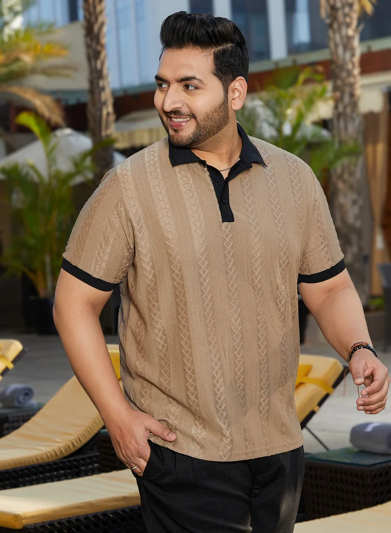 انستافاب بلس Instafab Plus Men's Camel Beige Arc-Tactile Polo T-Shirt For Casual Wear | Polo Neck | Short Cuffed Sleeves | Half-Button Closure | Plus Size T-Shirt Crafted With Comfort Fit For Everyday Wear