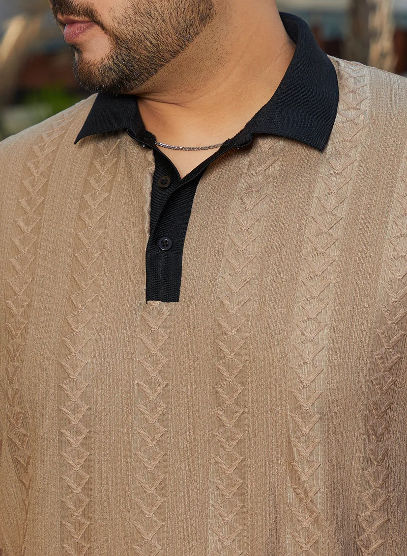 انستافاب بلس Instafab Plus Men's Camel Beige Arc-Tactile Polo T-Shirt For Casual Wear | Polo Neck | Short Cuffed Sleeves | Half-Button Closure | Plus Size T-Shirt Crafted With Comfort Fit For Everyday Wear