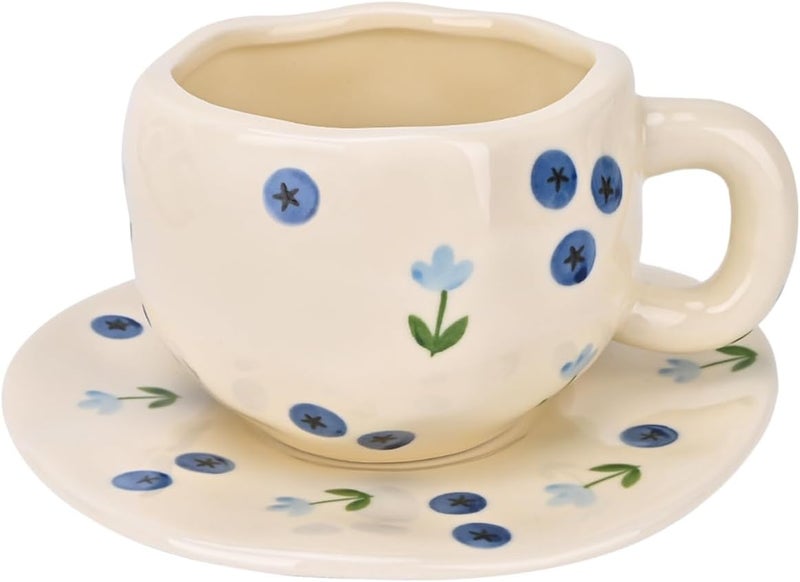 Koythin Ceramic Coffee Mug with Saucer Set, Cute Creative Blueberry Flower Cup Unique Irregular Design for Office and Home, 10 oz/300 ml for Latte Tea Milk - Image 1