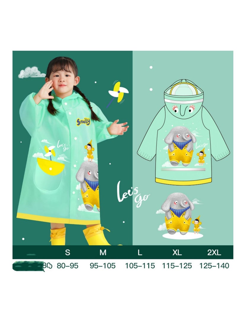 Children's Raincoat Waterproof Fashion Cartoon Schoolbag Bit Large Brim Transparent Poncho Green
