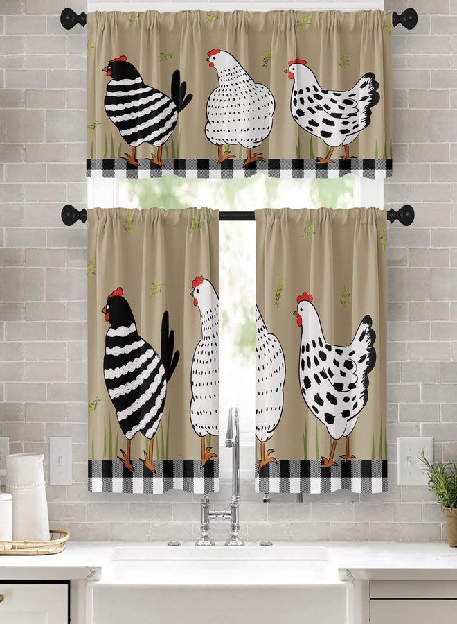 Tayney Rooster Kitchen Window Curtains Valance and Tier Set 36 Inch Farmhouse Black White Chicken Rod Pocket Short Tier Curtain, Vintage Rustic Small Drapes for Kitchen Decor - Image 1